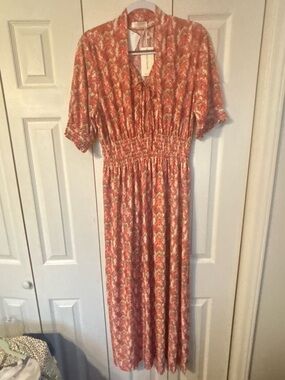 Seven Islands Coral Floral Tie-Neck Maxi Dress with Smocked Waist 3 X